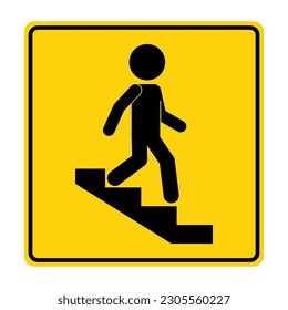 Isolated printable label sticker rectangle square yellow safety sign of man walking down stair or ladder, graphic resource for safety building sign, indoor information label