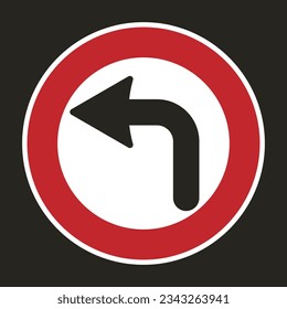 Isolated printable left turn direction street road sign in a red circle and white background, a guide navigation label sticker