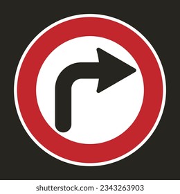 Isolated printable right turn direction street road sign in a red circle and white background, a guide navigation label sticker