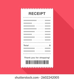 Isolated Printed Receipt with Long Shadow on Red Background Vector Illustration