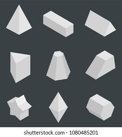 Isolated prisms, bright geometric figures set vector illustration with tetrahedron cuboid, pentagrammic pentagonal triangular prism and octahedron