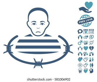 Isolated Prisoner icon with bonus romantic icon set. Vector illustration style is flat iconic cyan and blue symbols on white background.