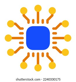 Procesador aislado con icono azul amarillo plano sobre fondo blanco. CPU, microchip, inteligencia artificial, sin