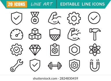 Isolated product quality icons set, 20 editable line art icons set, durability, strength, reliability, resistance, endurance, performance, material, engineering testing theme style, clean vector signs