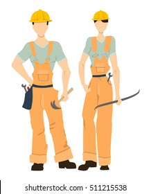 Isolated professional builders on white background. Male and female builders in uniform and hardhats. Engineering proffesion.