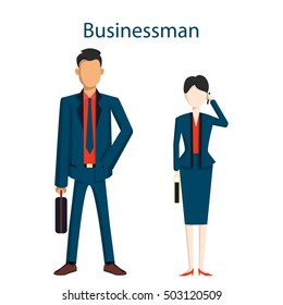 Isolated professional businessmen on white background. Male and female businessmen in suits with case and phone.
