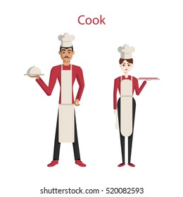 Isolated professional chefs. Male and female chefs in uniform with dishes standing on white background.