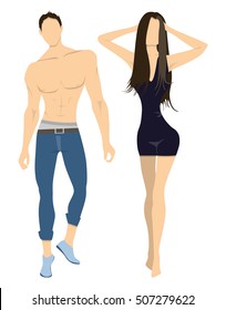 Isolated professional models on white background. Male and Female models half naked with athletic sexy bodies.