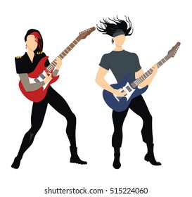 Isolated professional rock musicians on white background. Two men with electric guitars and long black hair.