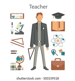 Isolated professional teacher on white background. Male teacher in suit and with equipment as microscope, globe and more.