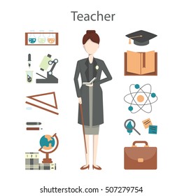 Isolated professional teacher on white background. Female teacher in suit and with equipment as microscope, globe and more.