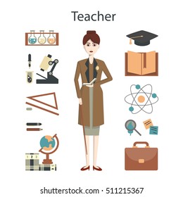 Isolated professional teacher on white background. Female teacher in suit and with equipment as microscope, globe and more.