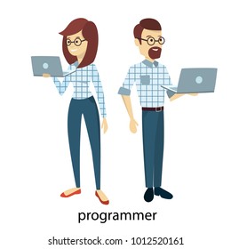 Isolated programmers couple with laptops on white.
