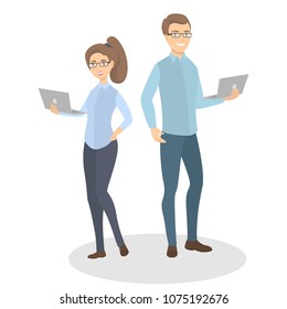 Isolated programmers couple with laptops on white.