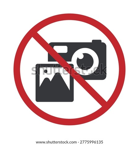 Isolated prohibition sign with camera and gallery icons indicating no photography or image storage without permission, enforcing privacy and content protection policy
