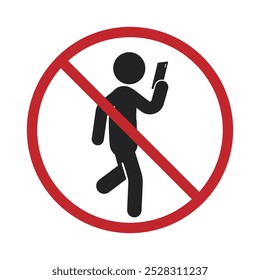 Sinal de proibição isolado de não usar telefone celular com ilustração pictograma homem andar e segurar telefone celular