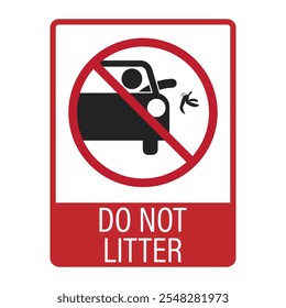 Señal de prohibición aislada no ensucie, con ilustración hombre tira cáscara de plátano desde la ventana del coche