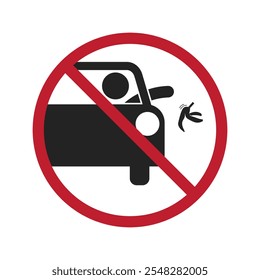 Sinal de proibição isolado não jogar lixo, com ilustração homem jogar casca de banana da janela do carro