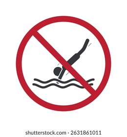 Isolated prohibition sign of do not dive, jump, swim at water, lake, sea, river swimming. Danger, deep   no swimming prohibition