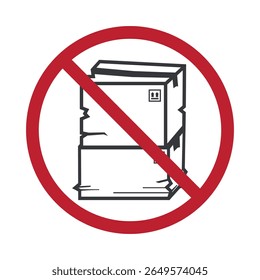 Isolated prohibition sign "Do Not Stack" showing damaged stacked cardboard boxes, used for shipping safety and protection during delivery handling