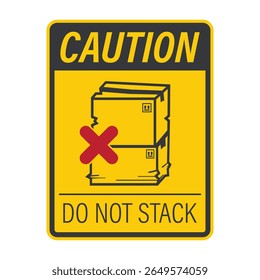 Cartel de prohibición aislado "No apilar" que muestra cajas de cartón apiladas dañadas, utilizadas para la seguridad y protección del envío durante la manipulación de la entrega