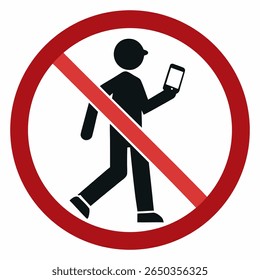 Sinal de proibição isolado de não usar telefone celular com ilustração pictograma homem andar e segurar ilustração de estoque de telefone celular 