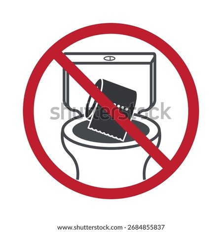 Isolated prohibition sign, do not flush toilet paper roll into wc, warning sign for blockage, plumbing damage, restroom hygiene caution