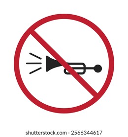 An isolated prohibition sign featuring a red circle with a diagonal line through a trumpet icon, symbolizing "No Honking," "No Noise," and "No Loud Volumes." 