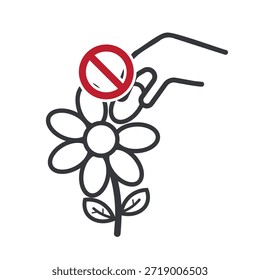 Señal de prohibición aislada de la mano que toca la flor, símbolo claro para la señalización del parque que prohíbe el daño a la planta, promoviendo la seguridad y la conciencia ambiental.