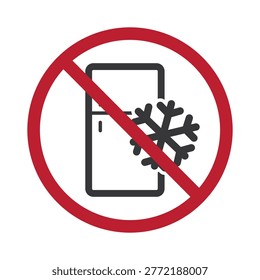 Isolated prohibition sign indicating do not store in refrigerator, unsuitable for cold temperatures, may cause odor issues, and product quality degradation