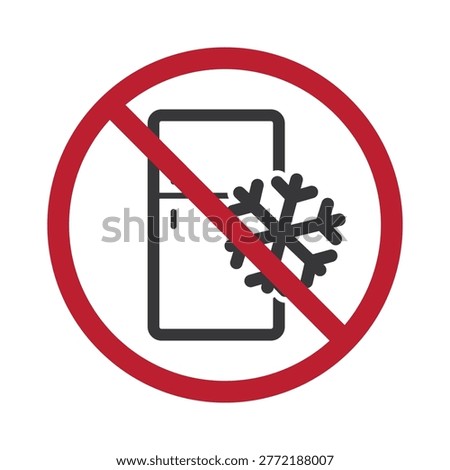 Isolated prohibition sign indicating do not store in refrigerator, unsuitable for cold temperatures, may cause odor issues, and product quality degradation