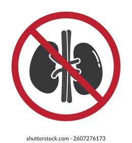 Isolated prohibition sign indicating harm to kidneys, with symbols of unhealthy food and drinks representing dietary health risks