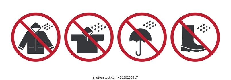 Sinal de proibição isolado indicando não entrada com botas úmidas, guarda-chuvas ou capas de chuva, para manter a limpeza interior e evitar riscos de escorregamento.