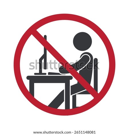 Isolated prohibition sign of a person using a computer at a desk, symbolizing no computer use allowed in restricted or specific areas.