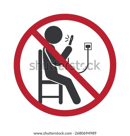 Isolated prohibition sign person using mobile phone while charging, symbol of bad habit, possible health risk and gadget damage warning.