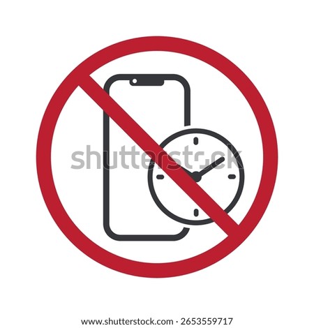 Isolated prohibition sign to reduce mobile phone screen time, with clock and phone icon, promoting digital wellbeing and eye health awareness guidance.