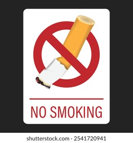 Isolated prohibition sign tobacco cigarette with ashes and red circle crossed out restriction sign for no smoking area template