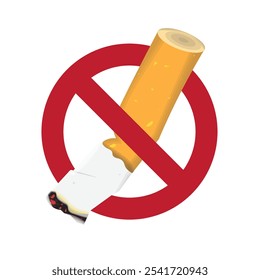 Isolated prohibition sign tobacco cigarette with ashes and red circle crossed out restriction sign for no smoking area template