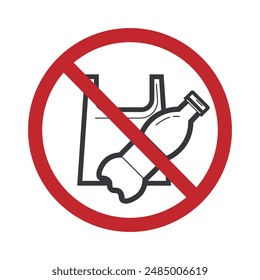 Isolated prohibition sign to use plastic bottle, cup and bag, for ecological and plastic trash bin icon