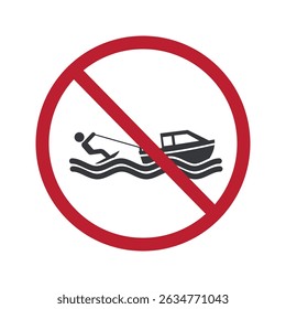 Sinal isolado de proibição de wakeboarding e esqui aquático, indicando aviso de segurança de praia devido ao perigo na área de esportes aquáticos.