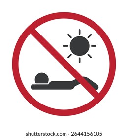 Isolated prohibition sign warning about sun heat danger, avoiding beach sunbathing due to ultraviolet exposure and skin cancer risk.