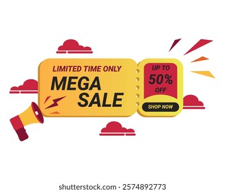 Isolated Promotion Mega Sale 50% Limited Time Only in Yellow Voucher Illustration for Other Event Sales