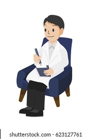 isolated psychologist sitting on a sofa. doctor sitting on a navy blue coach. vector.