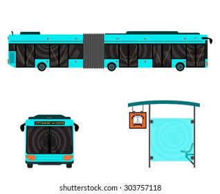 Isolated Public Transport Bus Stop and Blue City Bus. Vector Icons.