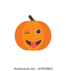 Isolated pumkin cute smile character. Cartoon halloween symbol. Vector Illustration. Emoji. Winking Face With Tongue