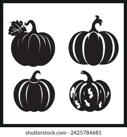 Isolated Pumpkin Black Silhouette Vector Set, Pumpkin Flat Logo, Icon, Halloween and Thanksgiving Pumpkin Symbol
