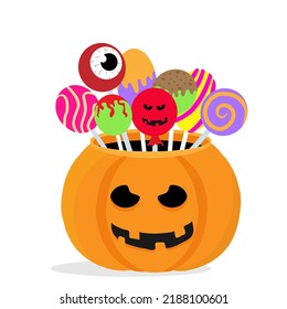 Isolated pumpkin bucket with Halloween candies. Cartoon vector illustration