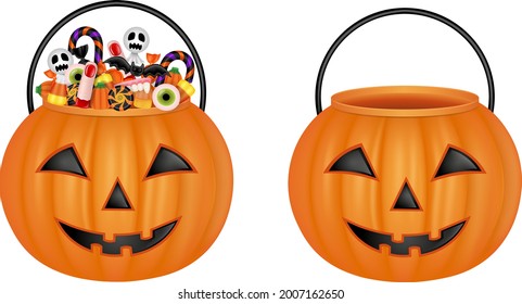 isolated pumpkin buckets. empty bucket and bucket with halloween candies