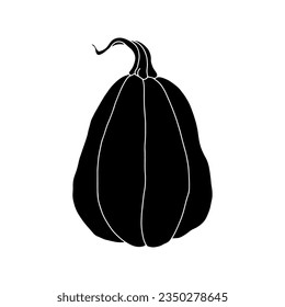 Calabaza aislada sobre fondo blanco. Silueta negra de una calabaza con un tallo de fruta. Dibujado a mano.