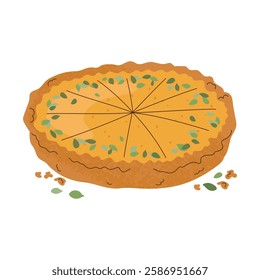 Isolated pumpkin tart with the seeds. Design element with texture in flat drawing style on white background. Vector illustration. Sweet bakery.